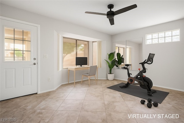 9325 Yucca Blossom Dr, Las Vegas, NV 89134 - workout room with a ceiling fan and tile patterned flooring