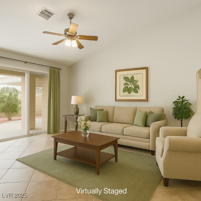 9325 Yucca Blossom Dr, Las Vegas, NV 89134 - living room featuring light tile patterned flooring, a ceiling fan, and lofted ceiling