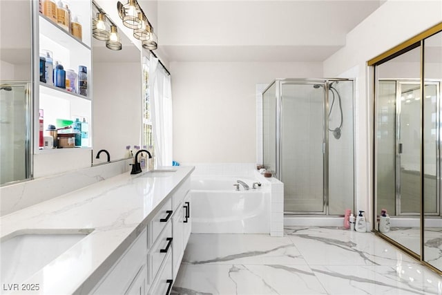 24 Staghorn St, Henderson, NV 89012 - full bathroom featuring double vanity, a bath, a stall shower, and marble finish floors