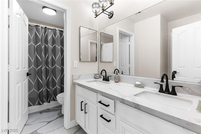 24 Staghorn St, Henderson, NV 89012 - full bath with marble finish flooring, double vanity, a chandelier, and a shower with curtain