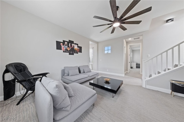 367 Pollino Peaks St, Las Vegas, NV 89138 - living room with a ceiling fan, stairs, and light carpet