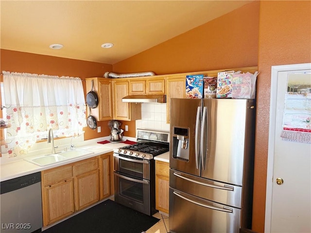 4525 Ranch Foreman Rd, North Las Vegas, NV 89032 - kitchen featuring appliances with stainless steel finishes, under cabinet range hood, light countertops, light brown cabinetry, and recessed lighting