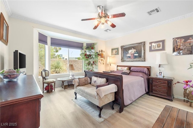4126 Cascada Piazza Ln, Las Vegas, NV 89135 - bedroom with light wood-type flooring, crown molding, and a ceiling fan