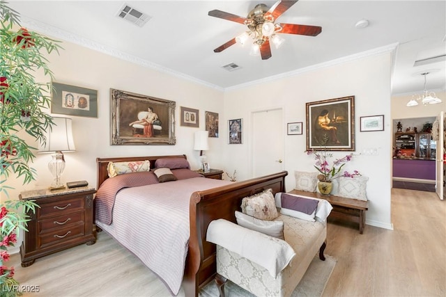 4126 Cascada Piazza Ln, Las Vegas, NV 89135 - bedroom featuring light wood-style flooring, crown molding, and ceiling fan