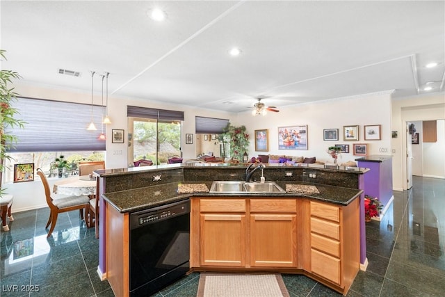 4126 Cascada Piazza Ln, Las Vegas, NV 89135 - kitchen featuring dishwasher, open floor plan, granite tiled floors, recessed lighting, and a kitchen island with sink
