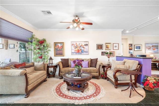 4126 Cascada Piazza Ln, Las Vegas, NV 89135 - living room featuring crown molding and ceiling fan