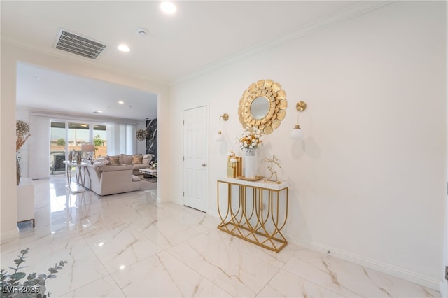 6209 Gambetta St, Las Vegas, NV 89115 - corridor featuring crown molding, marble finish floors, and recessed lighting