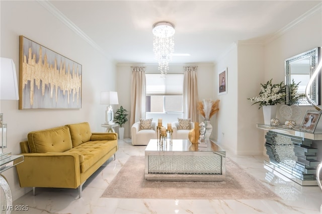 6209 Gambetta St, Las Vegas, NV 89115 - living area featuring marble tiled flooring, ornamental molding, and a chandelier