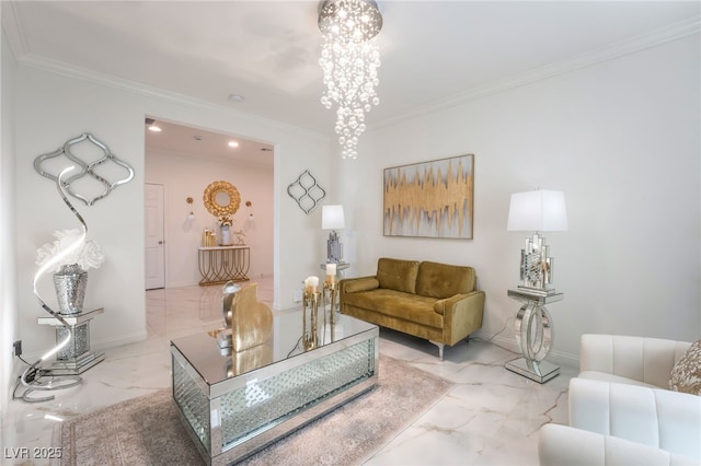 6209 Gambetta St, Las Vegas, NV 89115 - living area featuring marble tiled floors, ornamental molding, and recessed lighting