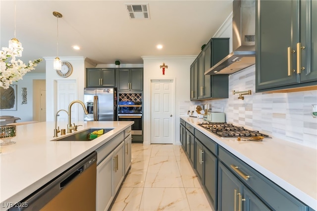 6209 Gambetta St, Las Vegas, NV 89115 - kitchen with wall chimney range hood, appliances with stainless steel finishes, crown molding, light countertops, and decorative light fixtures