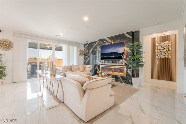 6209 Gambetta St, Las Vegas, NV 89115 - living room featuring marble tiled flooring, a premium fireplace, and crown molding