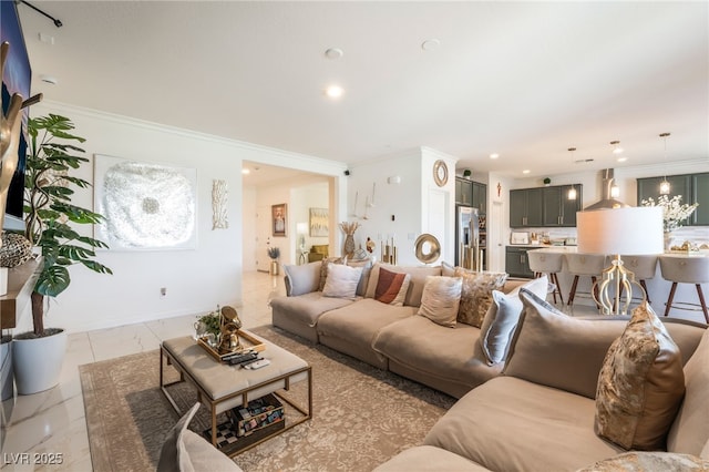 6209 Gambetta St, Las Vegas, NV 89115 - living area with crown molding, light marble finish flooring, and recessed lighting