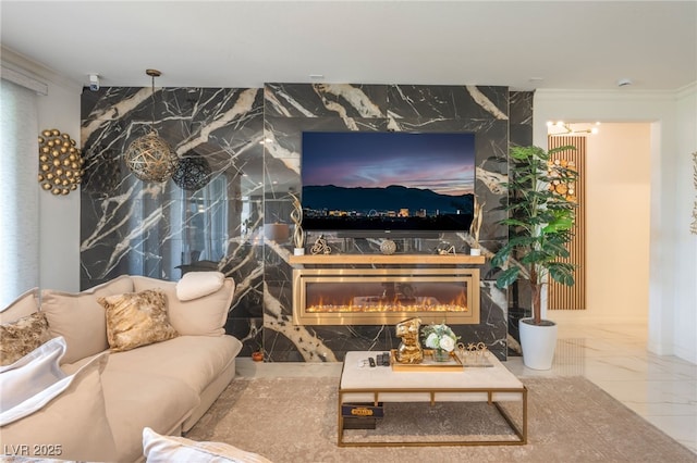 6209 Gambetta St, Las Vegas, NV 89115 - living room featuring marble tiled flooring and ornamental molding