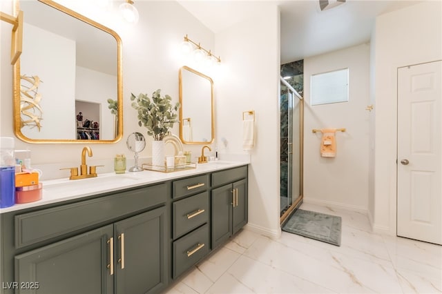 6209 Gambetta St, Las Vegas, NV 89115 - bathroom with double vanity, a stall shower, and marble finish floors