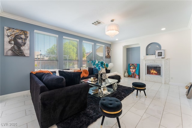 2912 Hot Cider Ave, North Las Vegas, NV 89031 - living area featuring marble look tiles, ornamental molding, a tiled fireplace, and recessed lighting