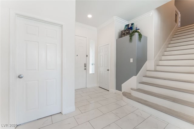 2912 Hot Cider Ave, North Las Vegas, NV 89031 - foyer featuring stairs, crown molding, recessed lighting, and light marble finish flooring