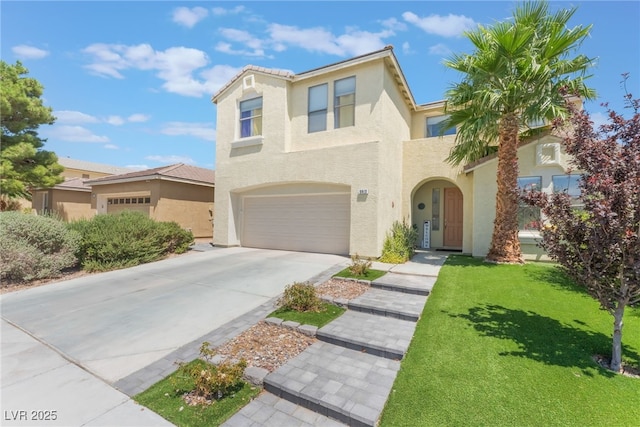 2912 Hot Cider Ave, North Las Vegas, NV 89031 - view of front of property with stucco siding, concrete driveway, a front lawn, and a garage
