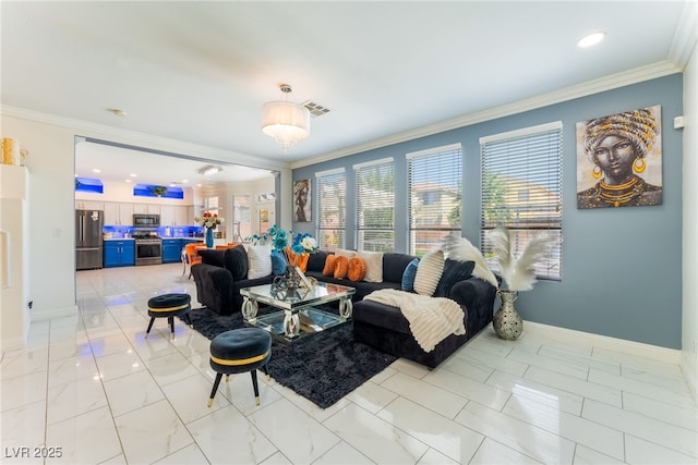 2912 Hot Cider Ave, North Las Vegas, NV 89031 - living room featuring light marble finish floors, ornamental molding, and recessed lighting