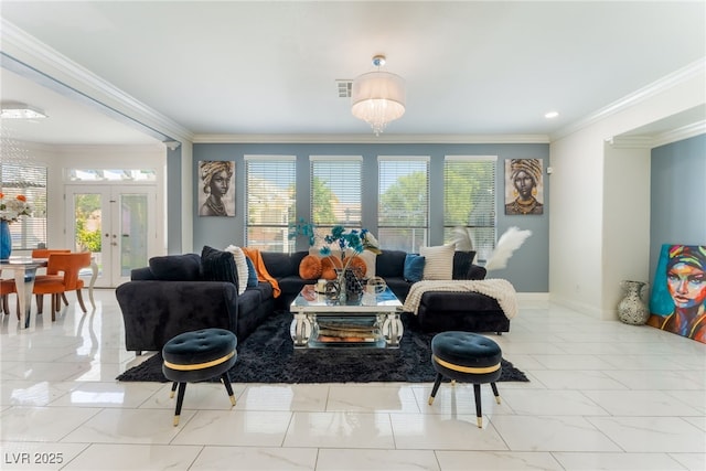2912 Hot Cider Ave, North Las Vegas, NV 89031 - living room featuring marble look tile flooring, plenty of natural light, french doors, crown molding, and a chandelier