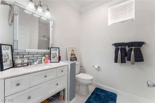 2912 Hot Cider Ave, North Las Vegas, NV 89031 - full bathroom featuring vanity, tasteful backsplash, a shower, crown molding, and tile patterned floors