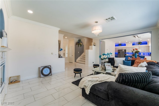 2912 Hot Cider Ave, North Las Vegas, NV 89031 - living room with crown molding, stairs, light marble finish flooring, and recessed lighting