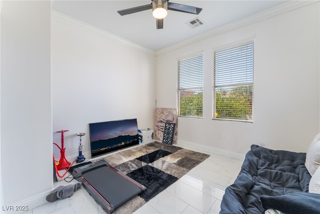 2912 Hot Cider Ave, North Las Vegas, NV 89031 - workout room with crown molding, ceiling fan, and marble look tiles
