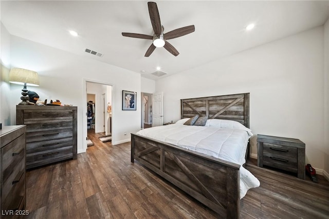 3603 E Umatilla Ave, Pahrump, NV 89061 - bedroom featuring dark wood-type flooring, a ceiling fan, and recessed lighting