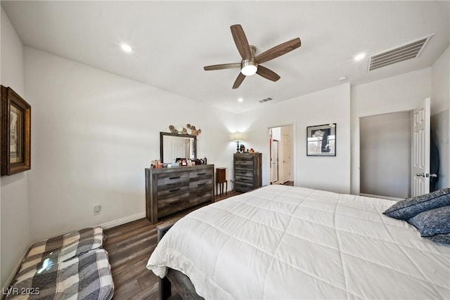 3603 E Umatilla Ave, Pahrump, NV 89061 - bedroom with dark wood-type flooring, recessed lighting, and a ceiling fan
