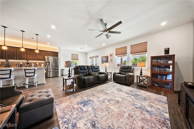 3603 E Umatilla Ave, Pahrump, NV 89061 - living area with plenty of natural light, ceiling fan, dark wood-type flooring, and recessed lighting