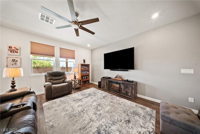 3603 E Umatilla Ave, Pahrump, NV 89061 - living room with ceiling fan, dark wood-style flooring, and recessed lighting
