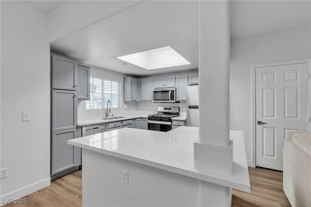 833 Aspen Peak Loop Unit 613, Henderson, NV 89011 - kitchen featuring gray cabinetry, appliances with stainless steel finishes, a skylight, and light wood-style floors