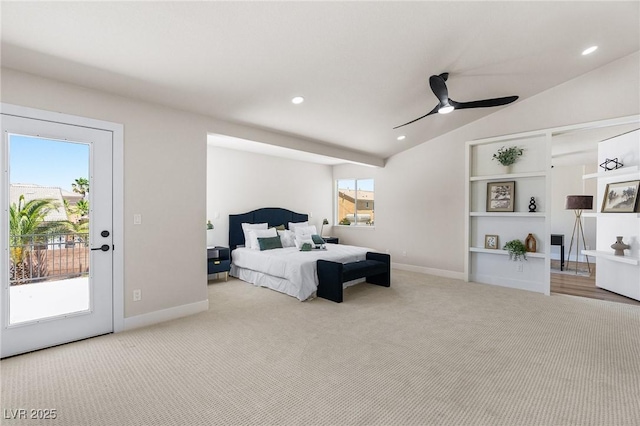 10707 Sleepy Mist Ct, Las Vegas, NV 89141 - carpeted bedroom featuring access to exterior, vaulted ceiling, recessed lighting, and ceiling fan