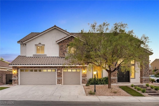 10707 Sleepy Mist Ct, Las Vegas, NV 89141 - view of front of property featuring stone siding, concrete driveway, a tiled roof, a garage, and stucco siding