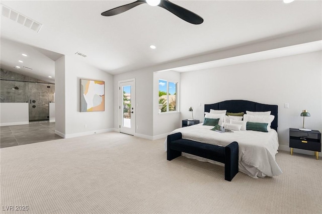 10707 Sleepy Mist Ct, Las Vegas, NV 89141 - bedroom featuring access to exterior, light carpet, recessed lighting, lofted ceiling, and ensuite bathroom