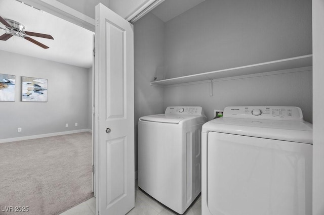 635 Pyrite Will St, Las Vegas, NV 89138 - laundry area featuring independent washer and dryer, ceiling fan, and light carpet