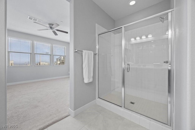 635 Pyrite Will St, Las Vegas, NV 89138 - bathroom with a ceiling fan, a stall shower, tile patterned floors, and recessed lighting