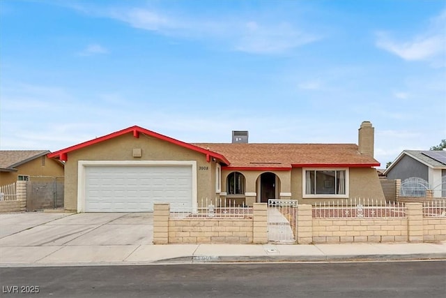 3908 Longfellow St, Las Vegas, NV 89115 - ranch-style house featuring a fenced front yard, driveway, an attached garage, stucco siding, and a chimney