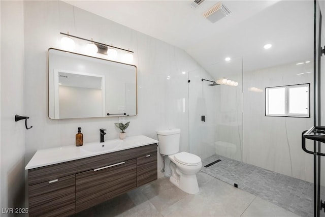 1712 E Oakey Blvd, Las Vegas, NV 89104 - full bath with vanity, an enclosed shower, tile patterned floors, vaulted ceiling, and recessed lighting