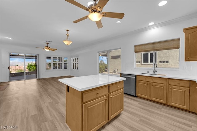 2167 Fairweather St, Henderson, NV 89052 - kitchen featuring stainless steel dishwasher, ceiling fan, light wood-type flooring, light countertops, and recessed lighting