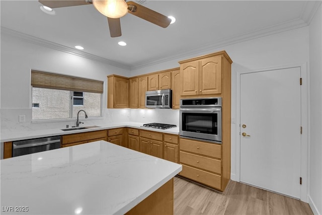 2167 Fairweather St, Henderson, NV 89052 - kitchen with stainless steel appliances, crown molding, a ceiling fan, tasteful backsplash, and light wood finished floors
