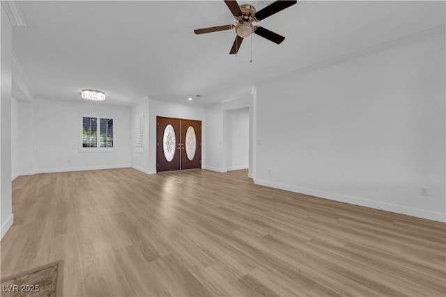 2167 Fairweather St, Henderson, NV 89052 - unfurnished living room with a ceiling fan, light wood-style flooring, crown molding, and recessed lighting