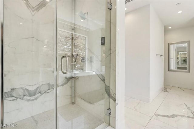 426 Tranquil Peak Ct, Henderson, NV 89012 - bathroom featuring a marble finish shower, recessed lighting, and marble finish floors