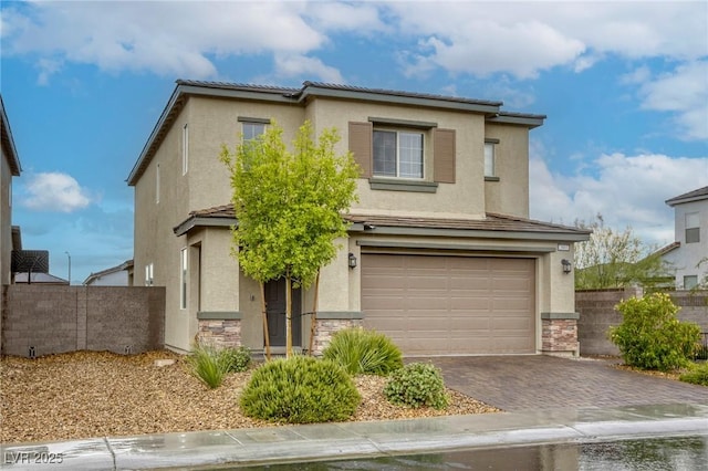 2807 Lindsey Springs St, Las Vegas, NV 89142 - traditional-style home with stucco siding, a garage, stone siding, decorative driveway, and a tile roof