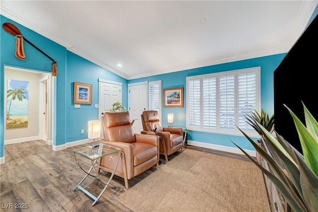 10800 Albright Pl, Las Vegas, NV 89134 - sitting room featuring ornamental molding, vaulted ceiling, wood finished floors, and recessed lighting
