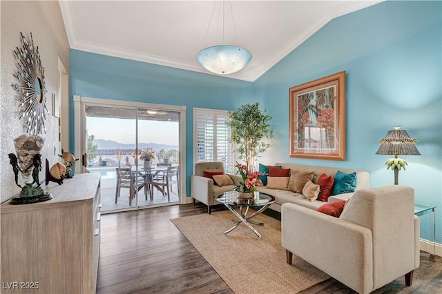 10800 Albright Pl, Las Vegas, NV 89134 - living area with crown molding, lofted ceiling, and dark wood finished floors