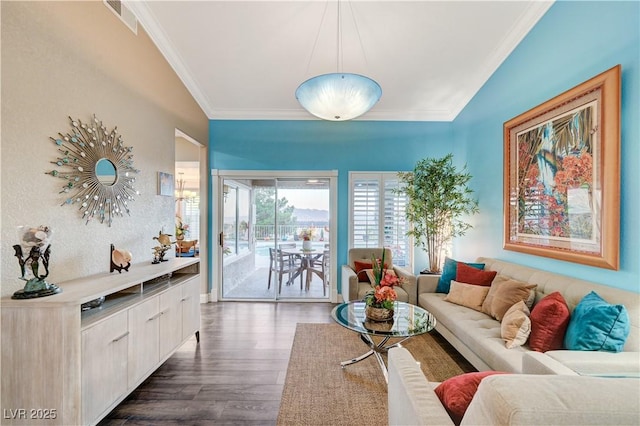 10800 Albright Pl, Las Vegas, NV 89134 - living room with ornamental molding and dark wood-type flooring