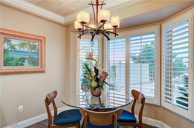 10800 Albright Pl, Las Vegas, NV 89134 - dining area featuring a chandelier, crown molding, wood finished floors, and wooden ceiling
