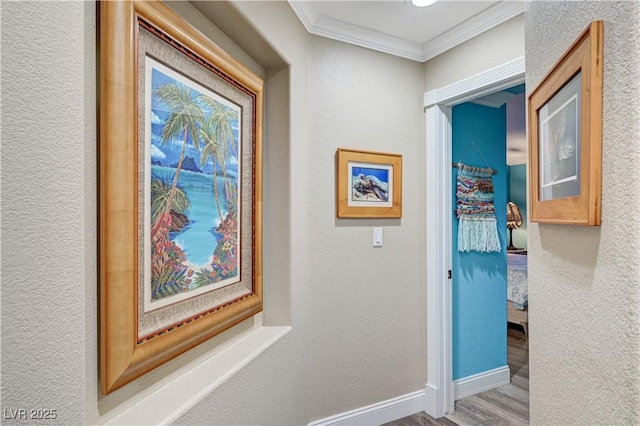 10800 Albright Pl, Las Vegas, NV 89134 - hallway with ornamental molding, wood finished floors, and a textured wall