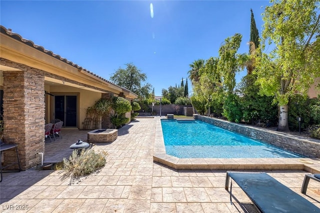 3668 Hillary Elan Ct, Las Vegas, NV 89139 - view of pool featuring a fire pit, a patio, and a fenced backyard