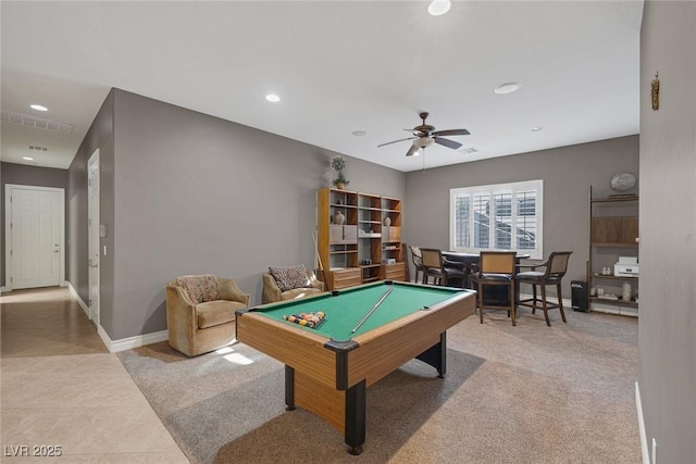 3668 Hillary Elan Ct, Las Vegas, NV 89139 - playroom with ceiling fan, recessed lighting, billiards, carpet, and tile patterned flooring